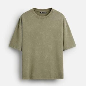 Zara khaki green washed effect cotton photographic patch oversized tee NWT